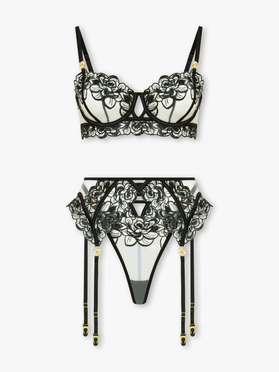 Carmella 4-Piece Floral Embroidery Set with Garter Belt