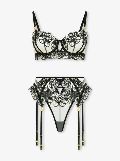 Carmella 4-Piece Floral Embroidery Set with Garter Belt