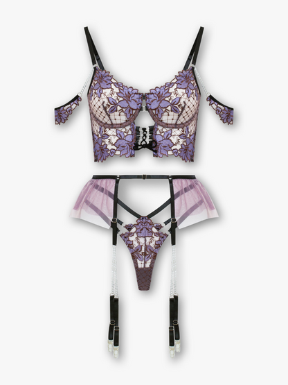 Feline 3-Piece Purple Mesh Set with Garter Belt
