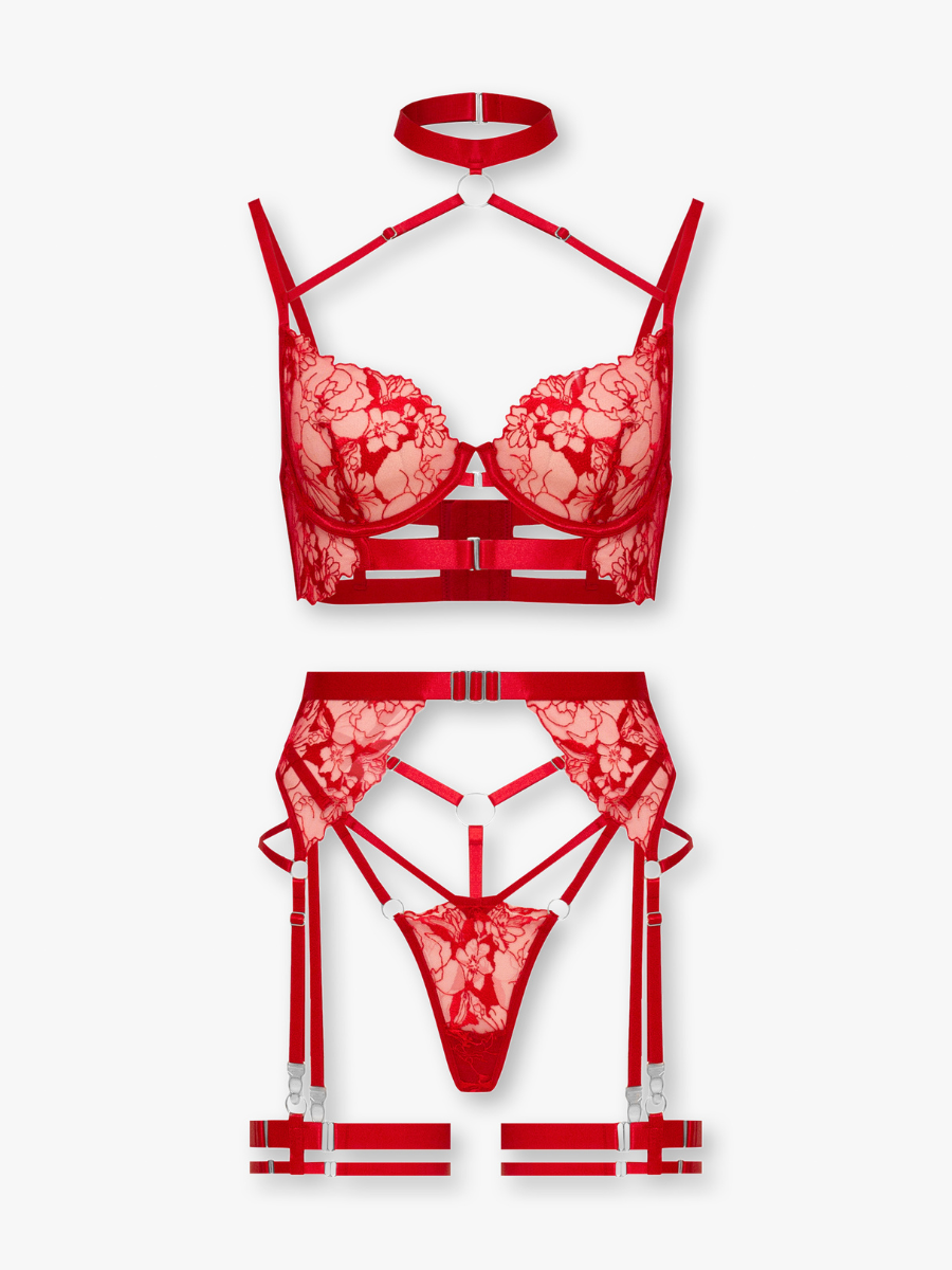 Georgina 4-Piece Red Lingerie Set with Garter Belt