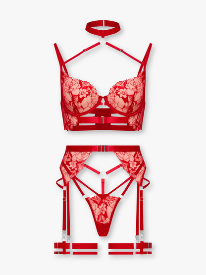 Georgina 4-Piece Red Lingerie Set with Garter Belt