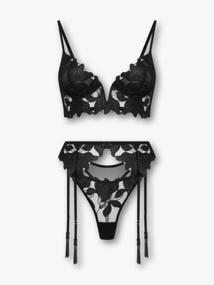 Liliana 3-Piece Embroidered Lace Set with Garter Belt
