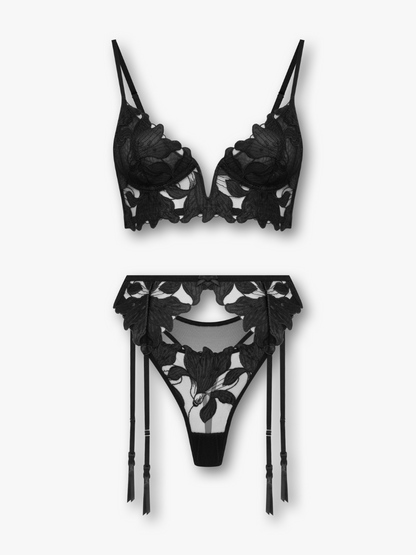 Liliana 3-Piece Embroidered Lace Set with Garter Belt