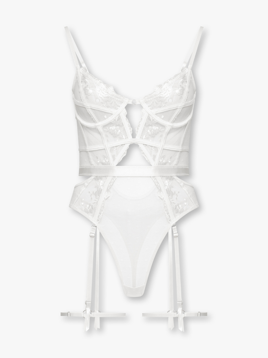 Natalia Sheer Mesh Bodysuit with Floral Embroidery