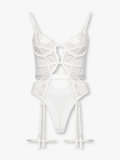Natalia Sheer Mesh Bodysuit with Floral Embroidery