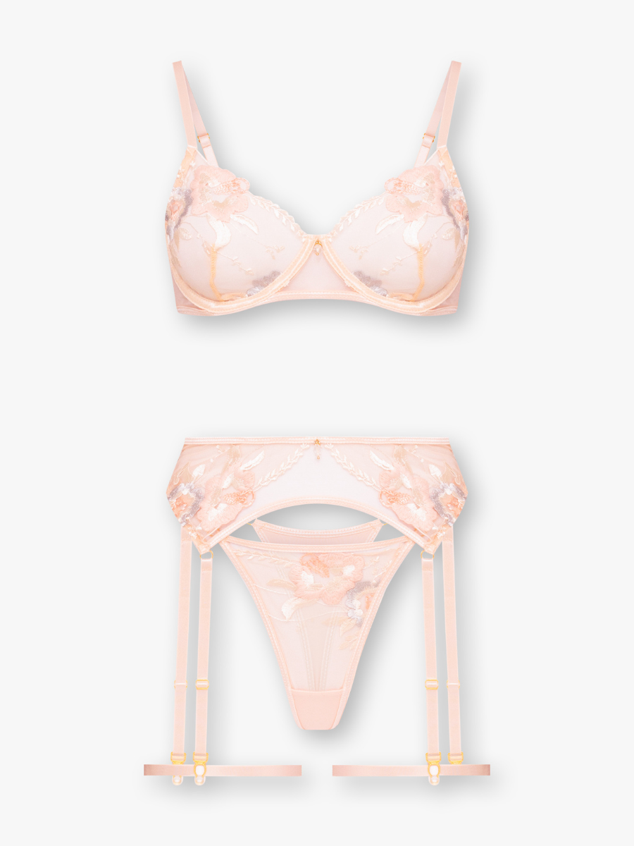 Rhea 4-Piece Embroidered Mesh Set with Garter Belt