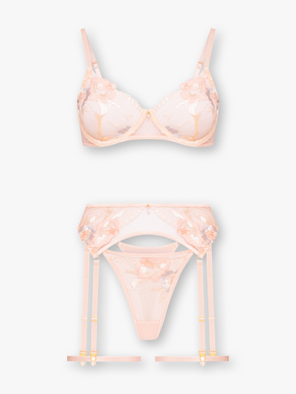 Rhea 4-Piece Embroidered Mesh Set with Garter Belt