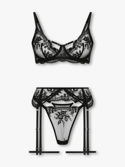 Sasha 4-Piece Embroidered Set with Garter Belt