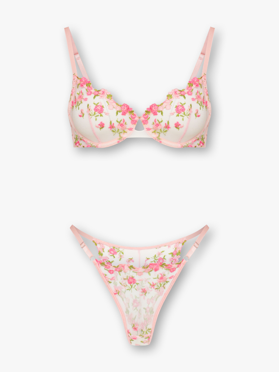 Zoè Floral Embroidered Bra and Panty Set in Pink