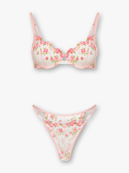 Zoè Floral Embroidered Bra and Panty Set in Pink